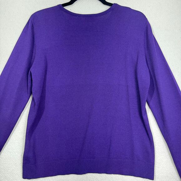 Caslon Royal Purple Crewneck Cardigan Sweater Petite Large Rib Knit Trim Rayon - Picture 4 of 6